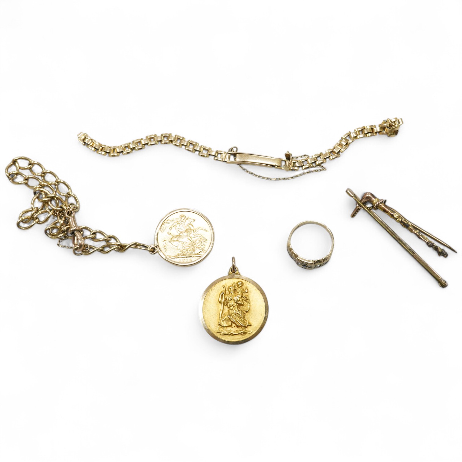 A group of gold jewellery, comprising: a 9ct gold bracelet of twisted curb linking, suspending a George V sovereign coin pendant dated 1912, bracelet with British hallmarks, gross weight approximately 16.5 grams; a 9ct g
